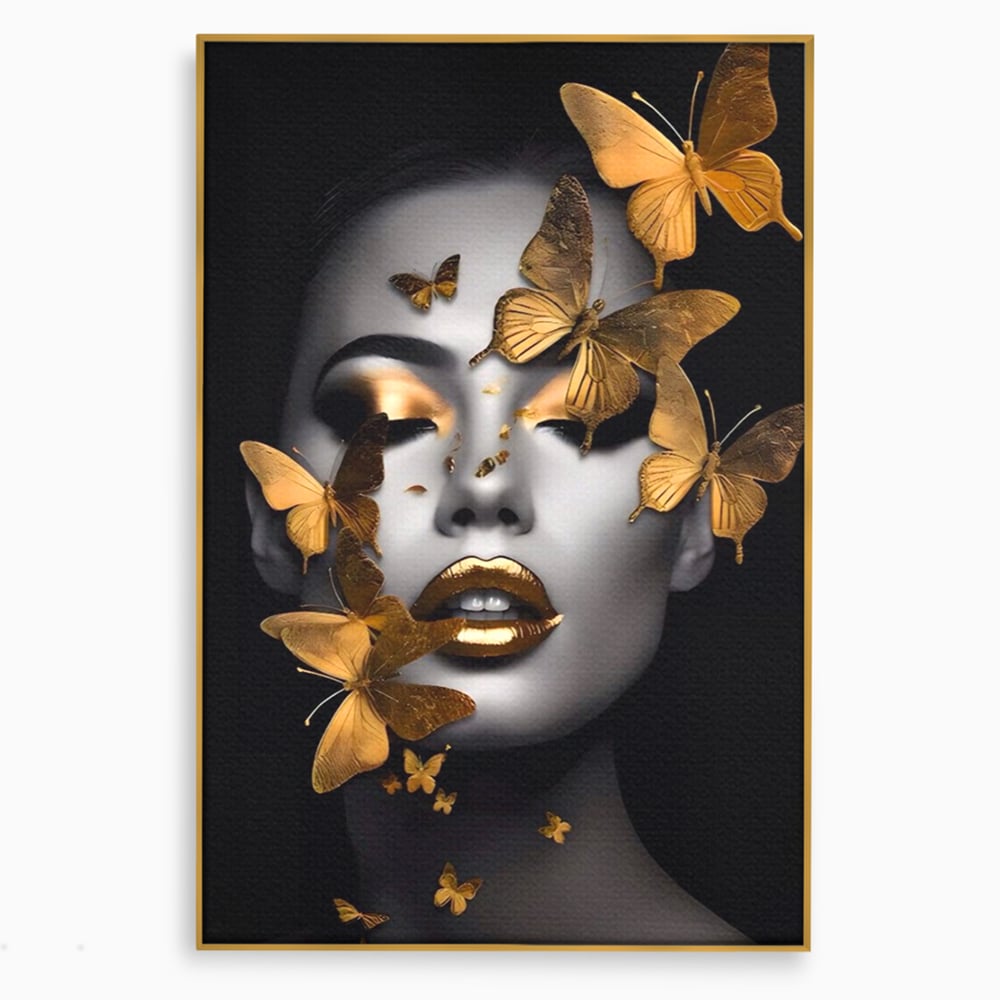 Tablou canvas cu tablou canvas cu portret de femeie si fluturi aurii, in rama de aluminiu auriu