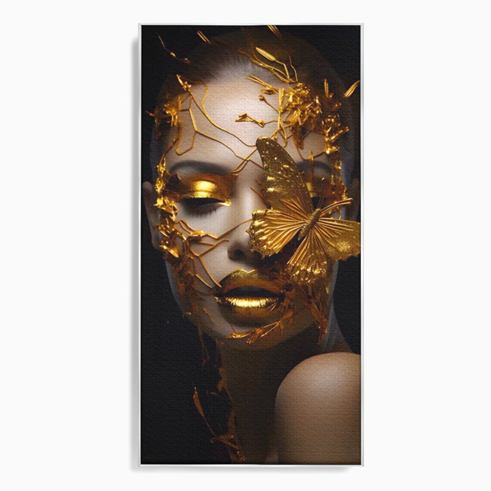 Tablou canvas cu portret feminin cu fluture auriu, in rama de aluminiu argintiu
