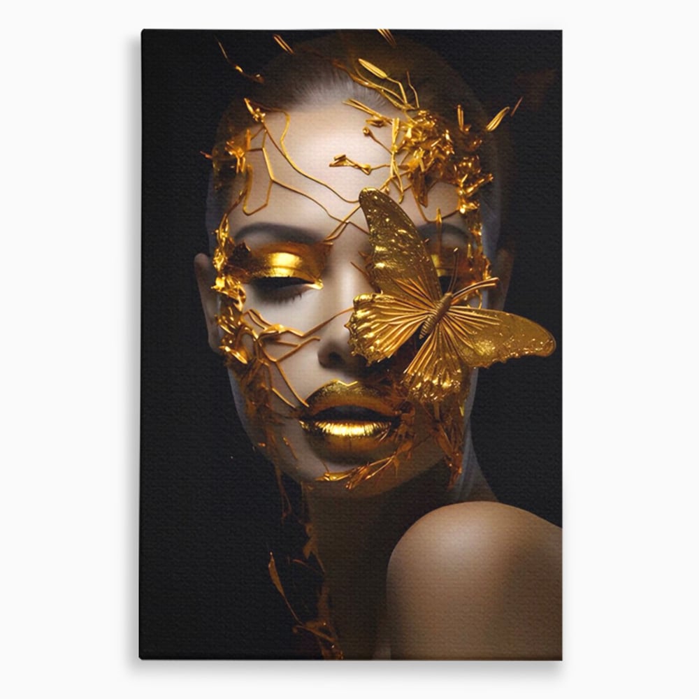 Tablou canvas cu portret feminin cu fluture auriu, fara rama, pe sasiu de lemn