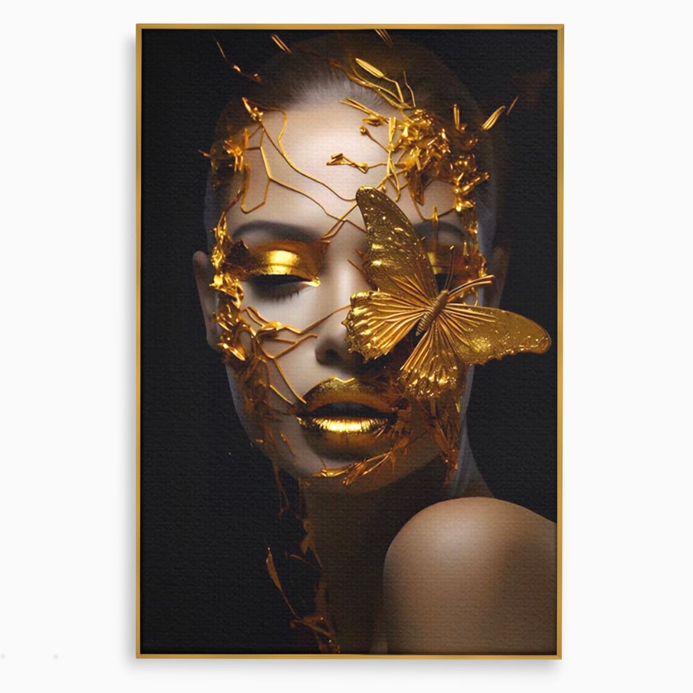 Tablou canvas cu portret feminin cu fluture auriu, in rama de aluminiu auriu