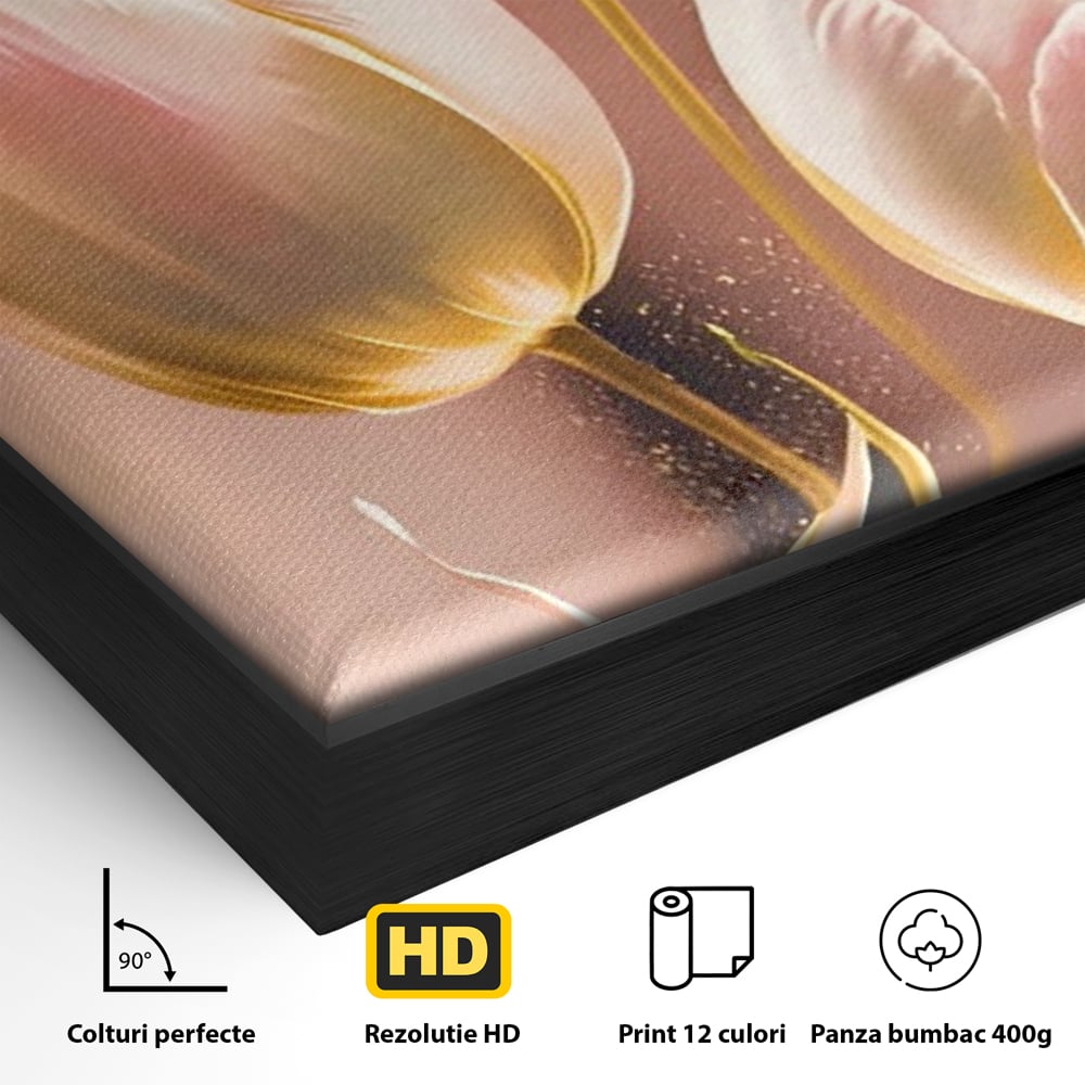 Detaliu al suprafetei: tablou canvas cu trei lalele roz, in rama de aluminiu negru
