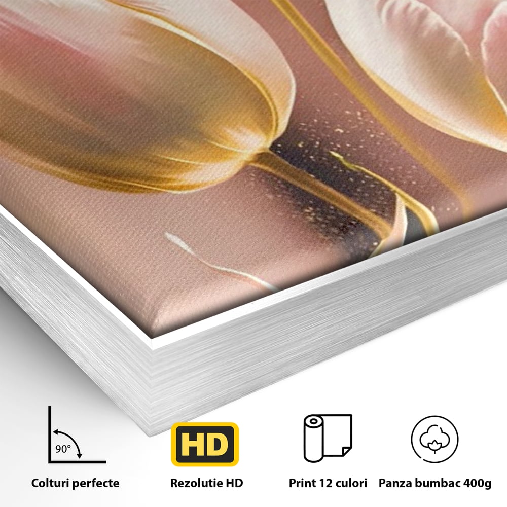 Detaliu al suprafetei: tablou canvas cu trei lalele roz, in rama de aluminiu argintiu