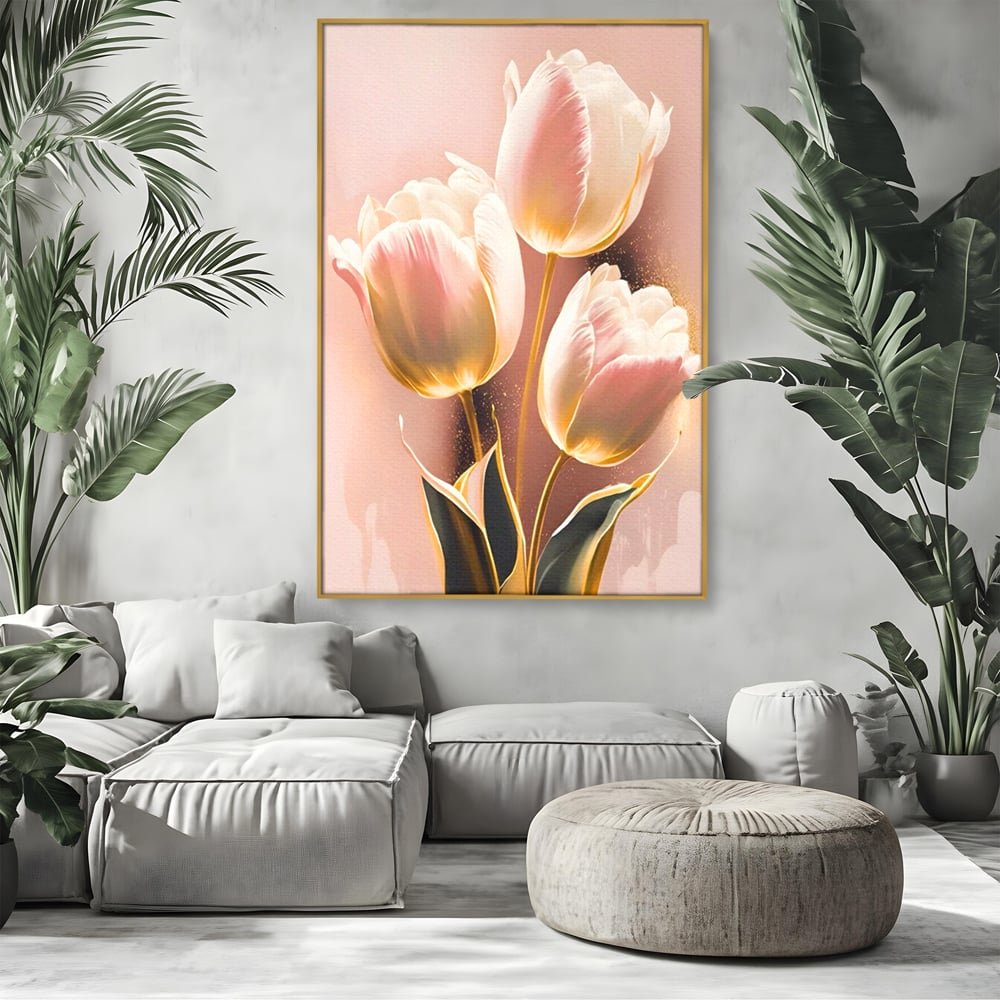 Tablou canvas cu tablou canvas cu trei lalele roz, in rama de aluminiu auriu, pe perete intr-un living
