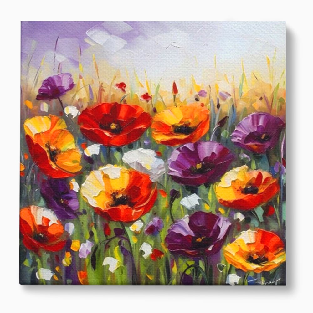 Tablou canvas cu pictura in ulei cu maci, fara rama, pe sasiu de lemn