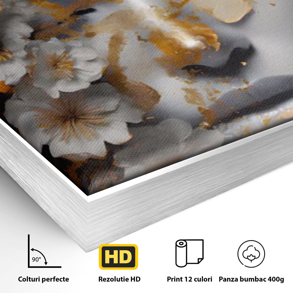 Detaliu al suprafetei: portret de femeie cu flori si foita aurie, in rama de aluminiu argintiu