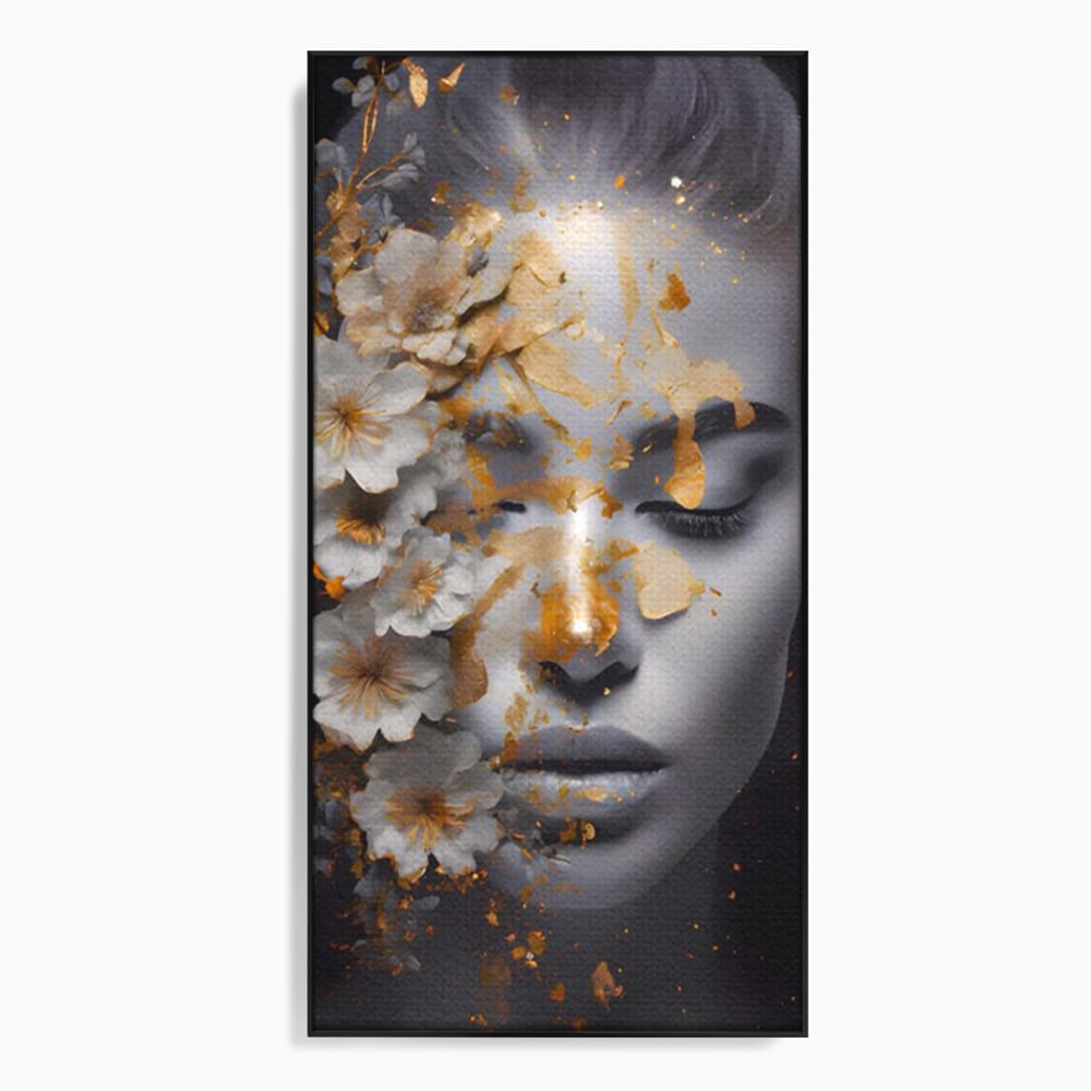 Tablou canvas cu portret de femeie cu flori si foita aurie, in rama de aluminiu negru
