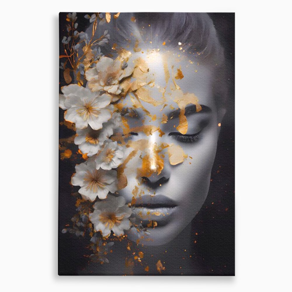 Tablou canvas cu portret de femeie cu flori si foita aurie, fara rama, pe sasiu de lemn