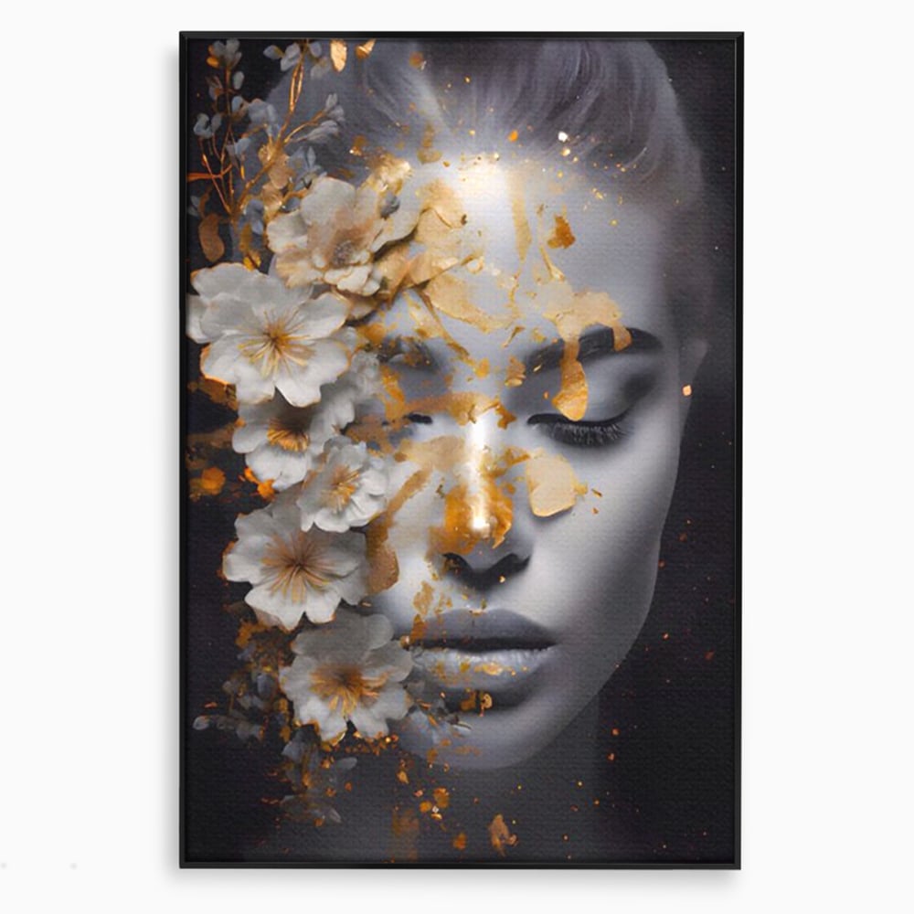 Tablou canvas cu portret de femeie cu flori si foita aurie, in rama de aluminiu negru
