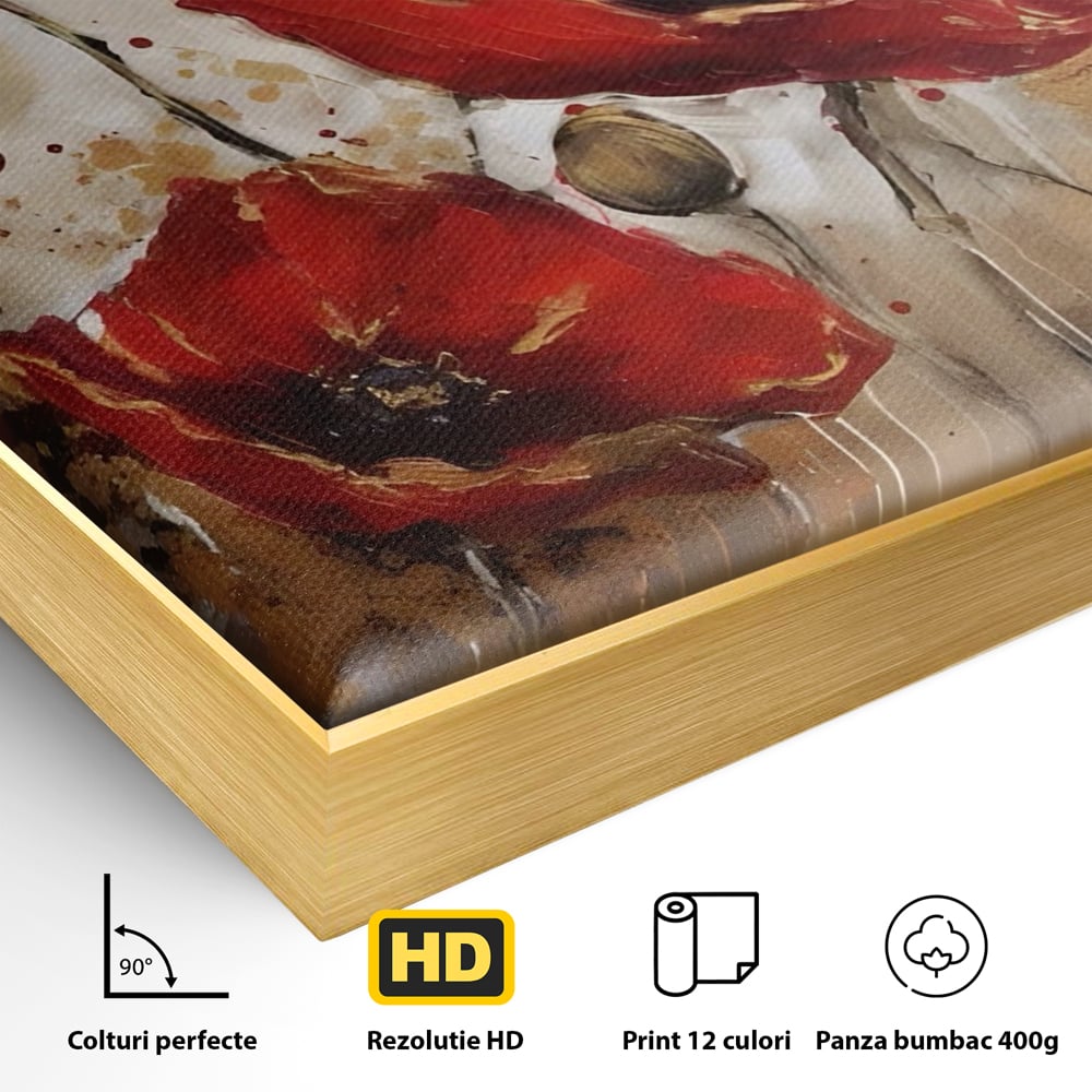Detaliu al suprafetei: pictura decorativa cu maci rosii, in rama de aluminiu auriu