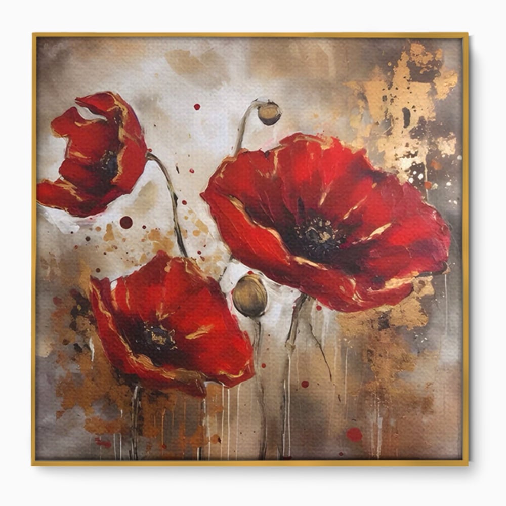 Tablou canvas cu pictura decorativa cu maci rosii, in rama de aluminiu auriu