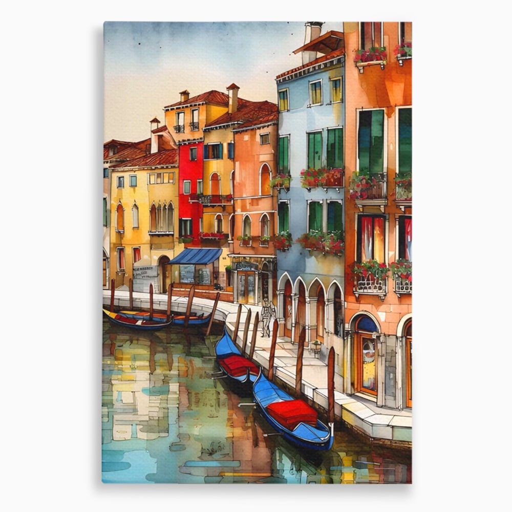 Tablou canvas cu pictura cu canal din venetia si gondole, fara rama, pe sasiu de lemn