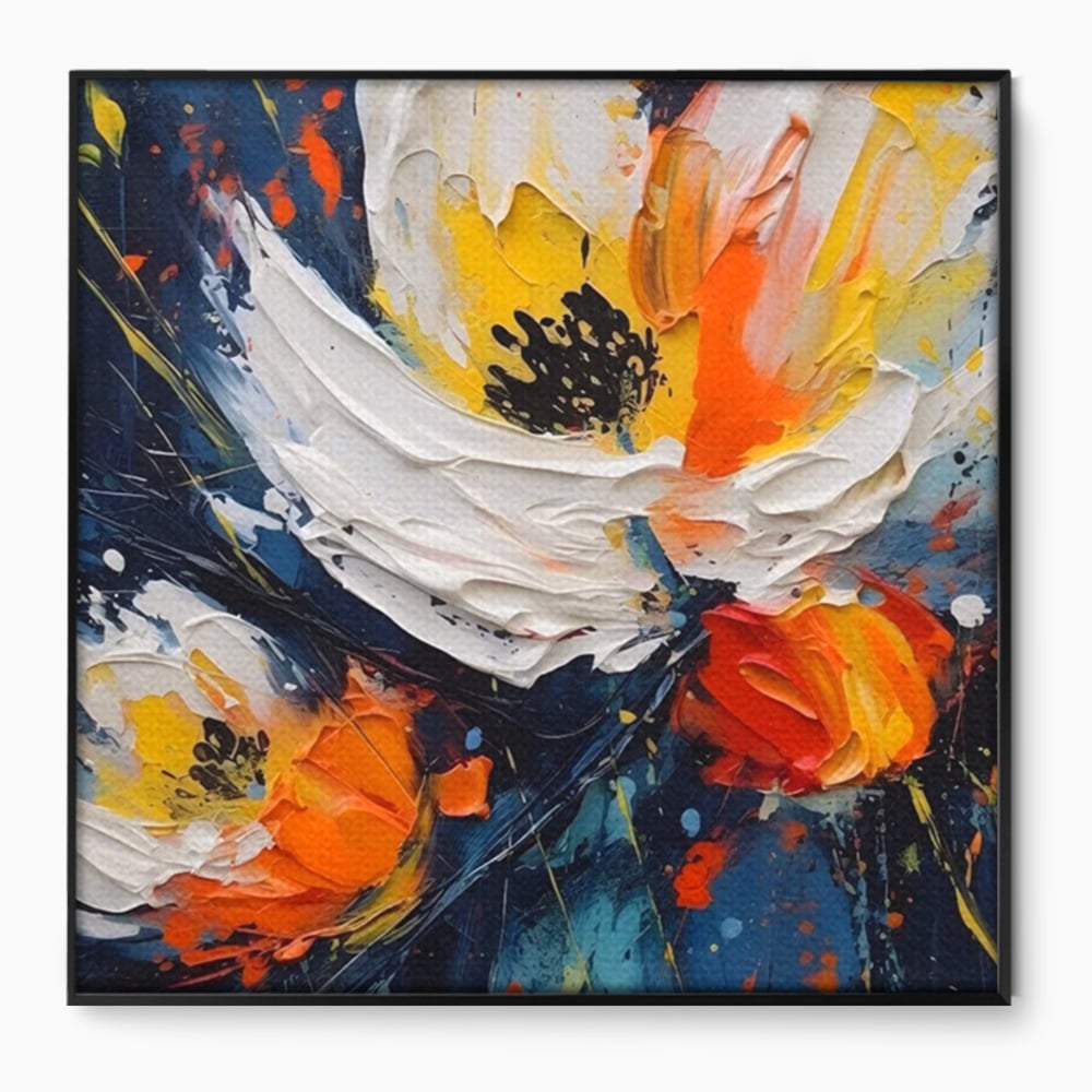 Tablou canvas cu pictura abstracta cu flori texturate, in rama de aluminiu negru