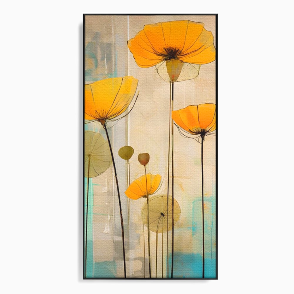 Tablou canvas cu pictura verticala cu flori galbene, in rama de aluminiu negru