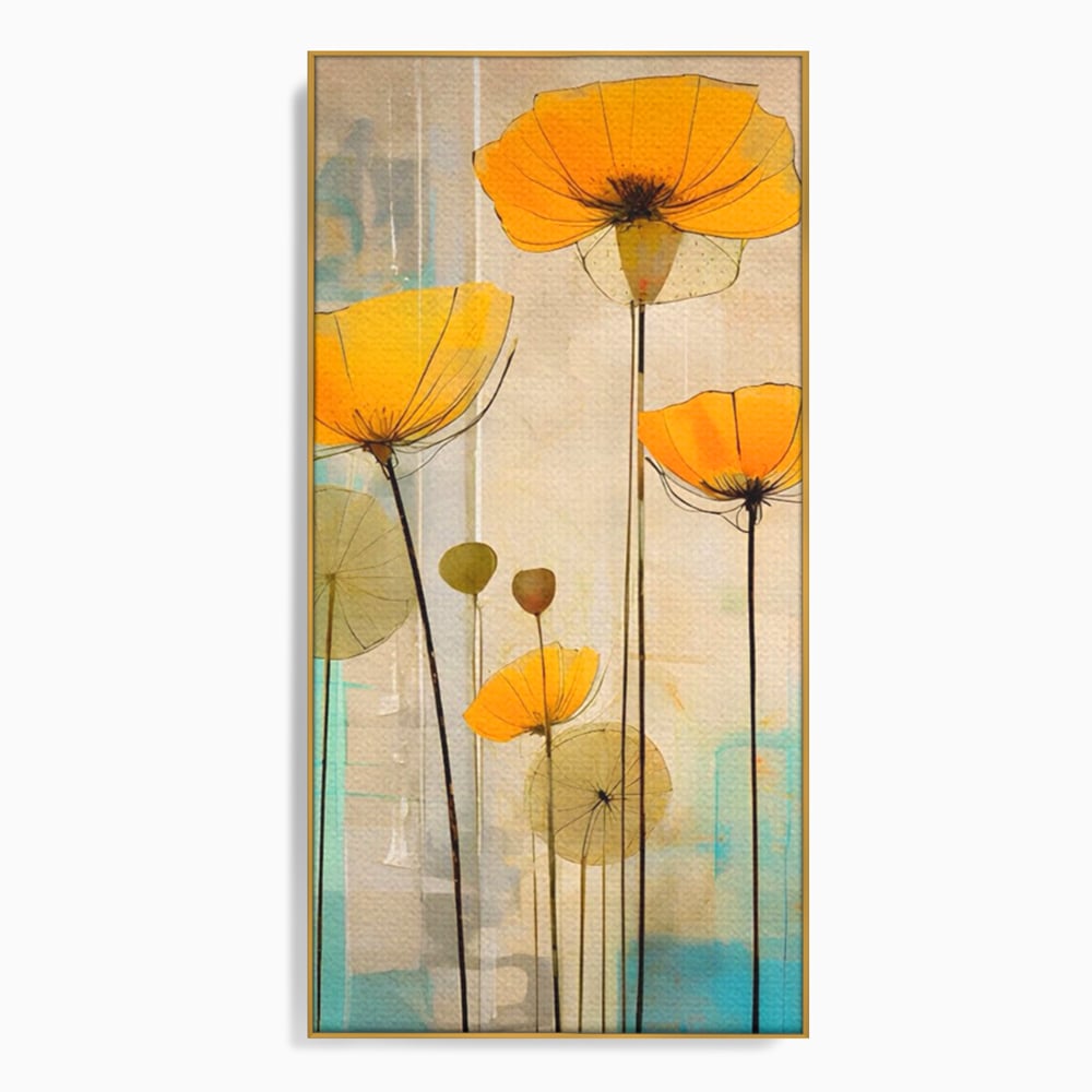 Tablou canvas cu pictura verticala cu flori galbene, in rama de aluminiu auriu
