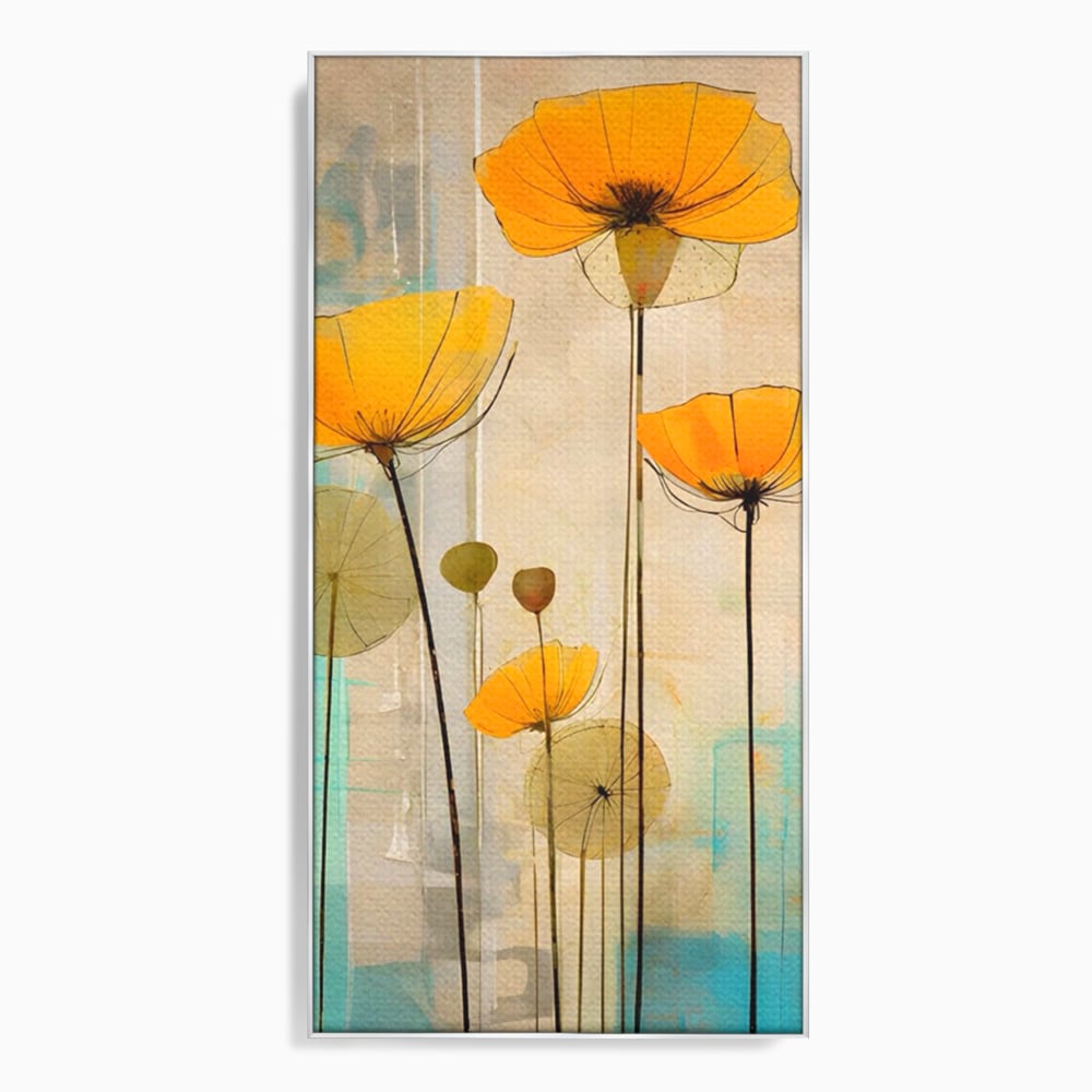 Tablou canvas cu pictura verticala cu flori galbene, in rama de aluminiu argintiu