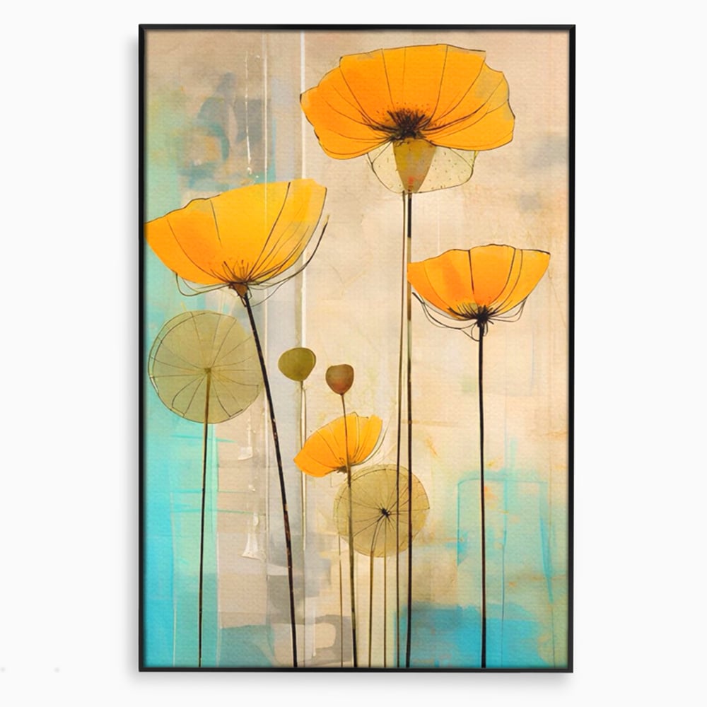 Tablou canvas cu pictura verticala cu flori galbene, in rama de aluminiu negru