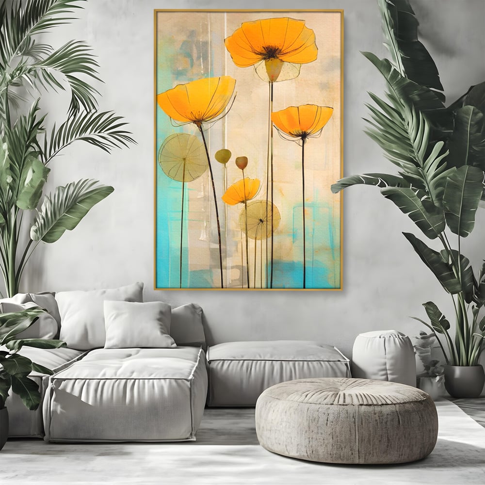 Tablou canvas cu pictura verticala cu flori galbene, in rama de aluminiu auriu, pe perete intr-un living