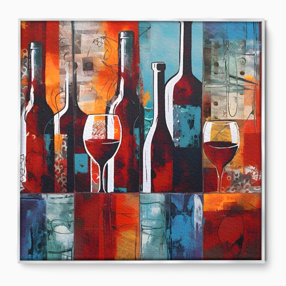 Tablou canvas cu pictura abstracta cu sticle si pahare de vin, in rama de aluminiu argintiu