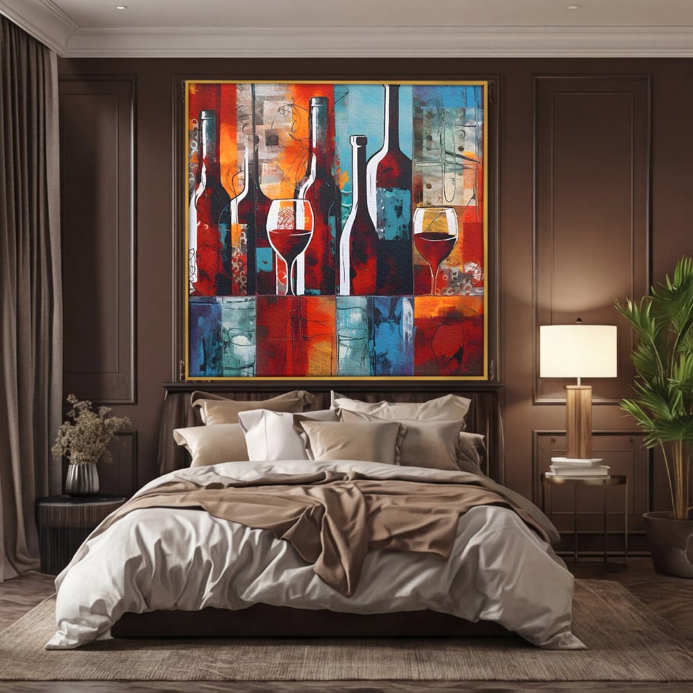 Tablou canvas cu pictura abstracta cu sticle si pahare de vin, in rama de aluminiu auriu, pe perete intr-un dormitor
