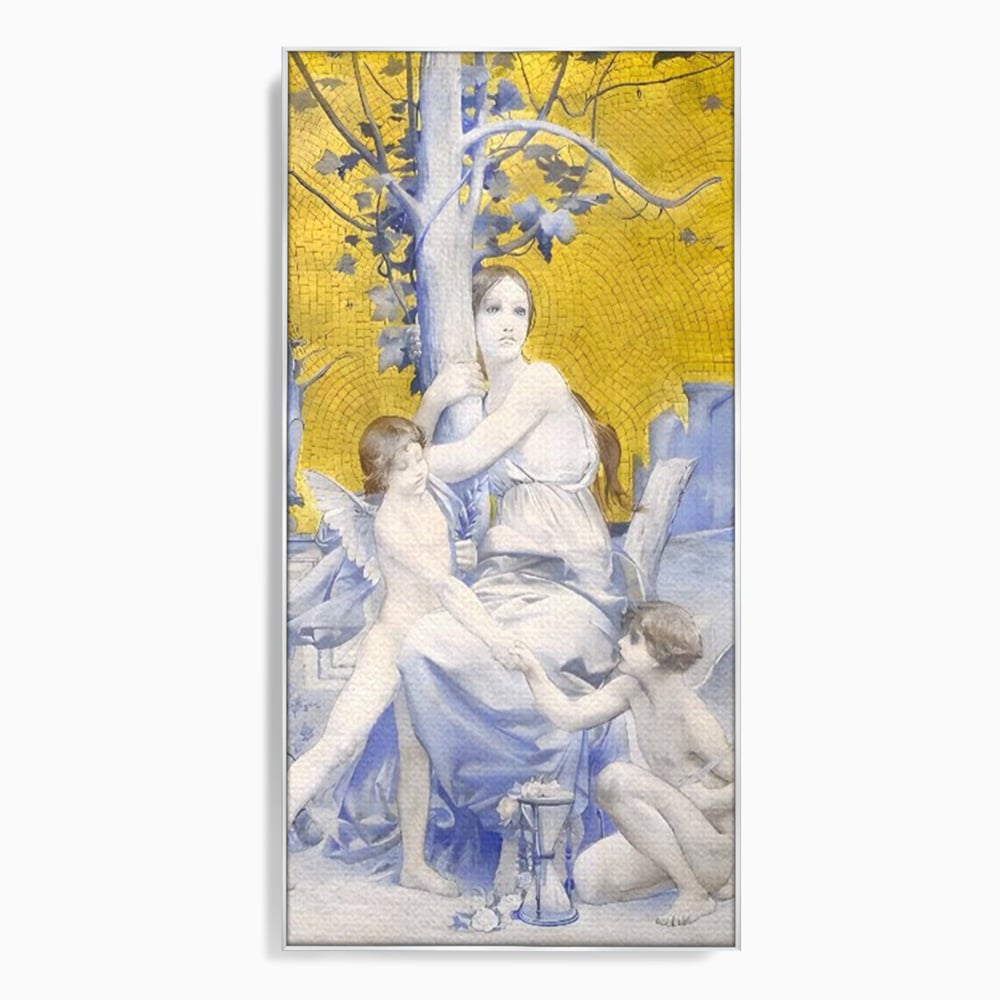 Tablou canvas cu tablou canvas cu mama ingeri si copac, in rama de aluminiu argintiu
