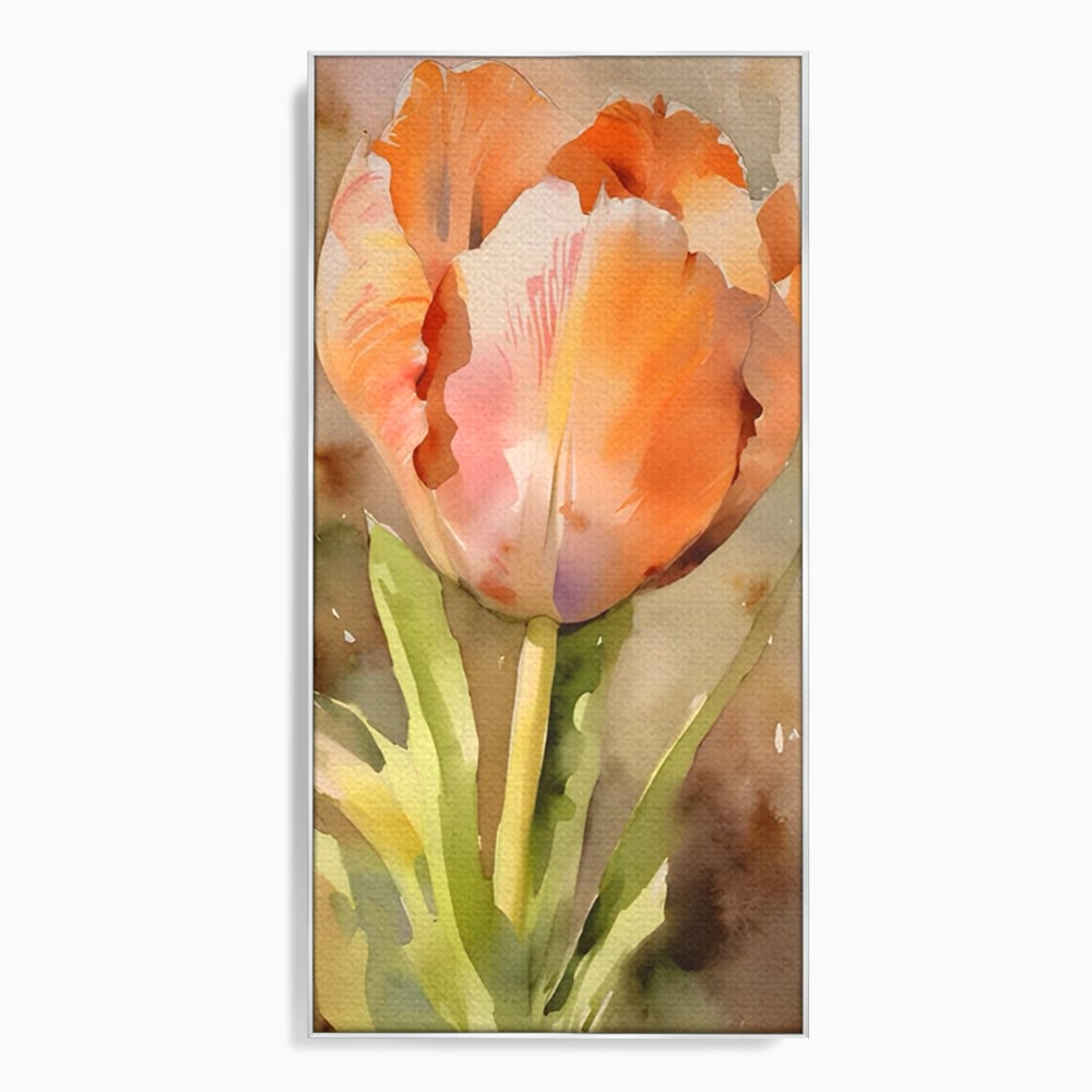 Tablou canvas cu pictura cu o lalea portocalie, in rama de aluminiu argintiu
