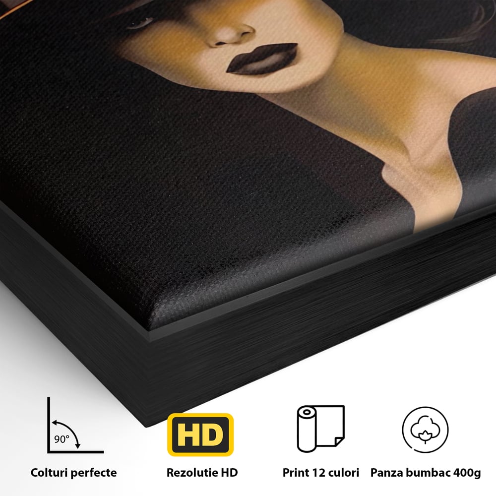Detaliu al suprafetei: tablou canvas cu femeie misterioasa, in rama de aluminiu negru