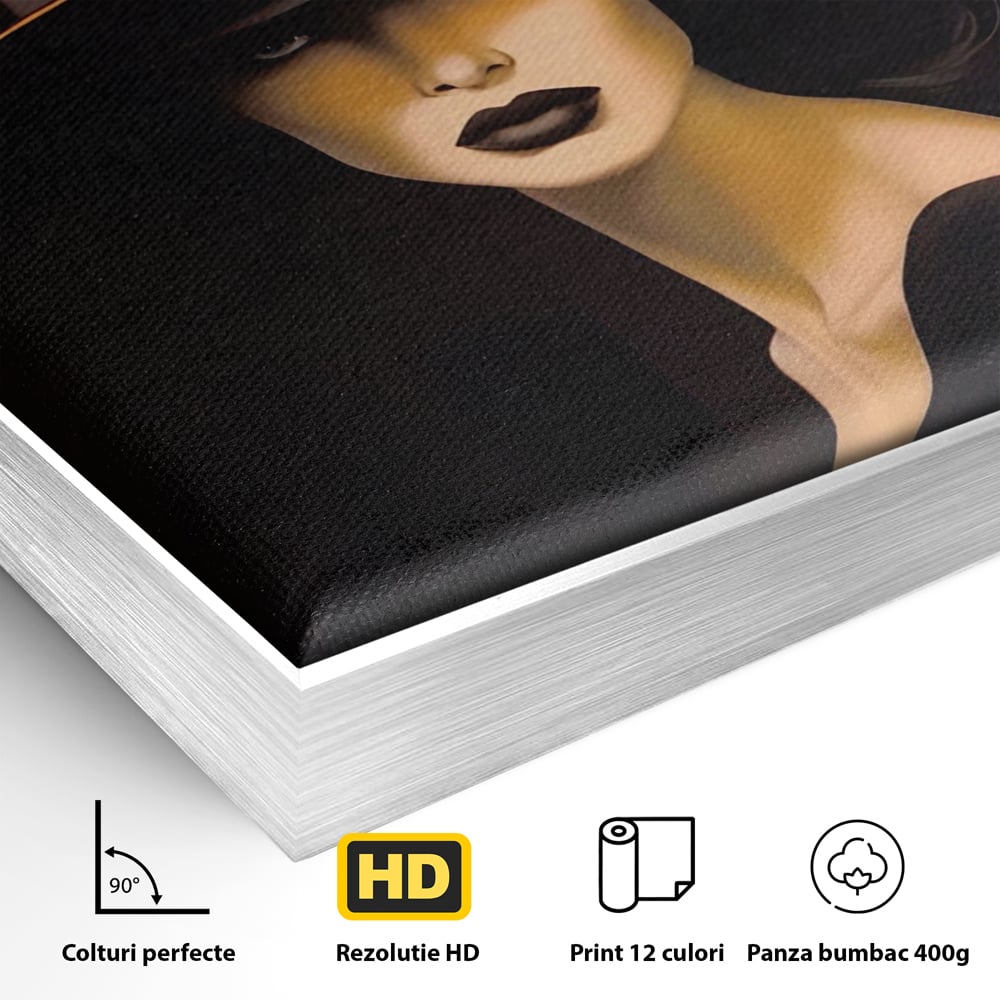 Detaliu al suprafetei: tablou canvas cu femeie misterioasa, in rama de aluminiu argintiu