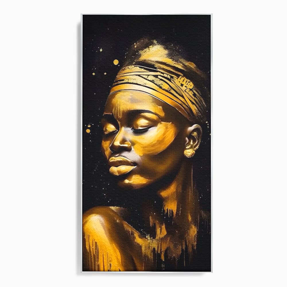 Tablou canvas cu tablou canvas portret femeie auriu, in rama de aluminiu argintiu