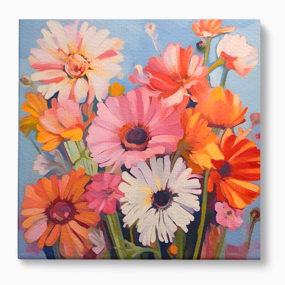 Tablou canvas cu pictura cu buchet de crizanteme colorate, fara rama, pe sasiu de lemn