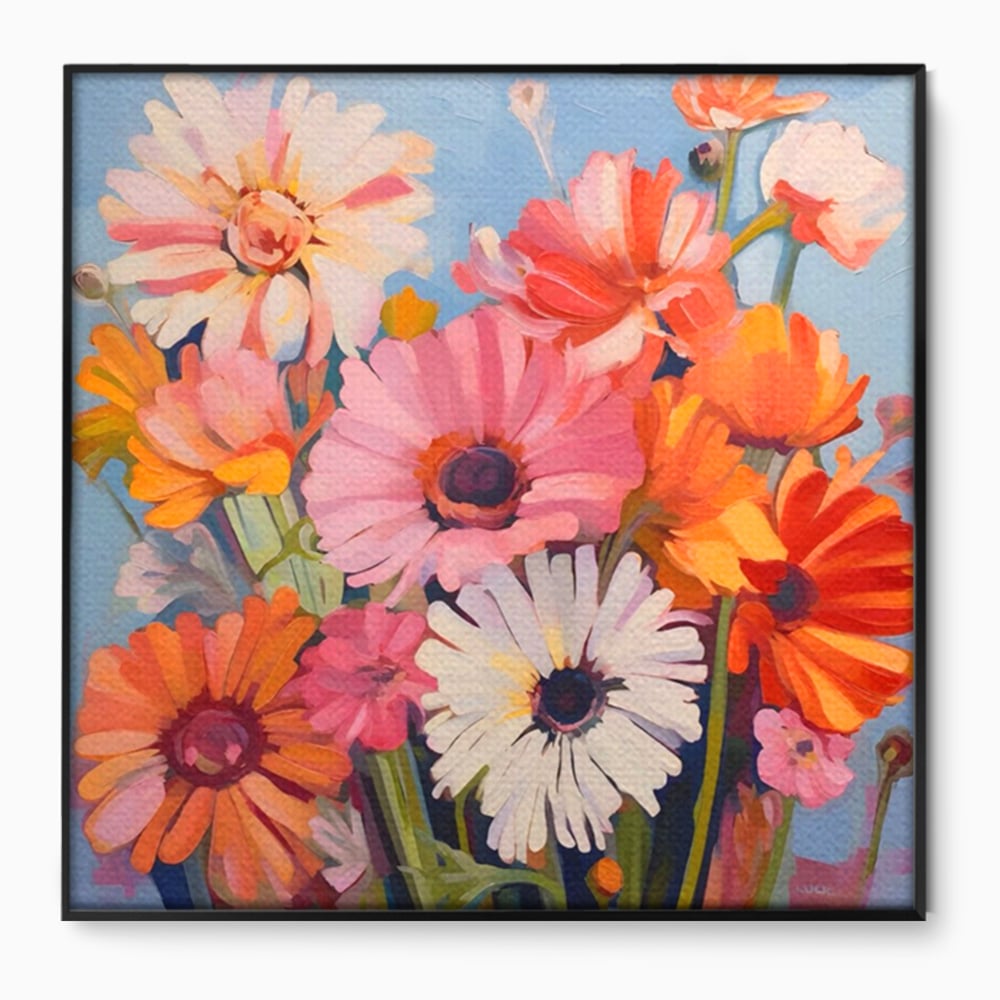 Tablou canvas cu pictura cu buchet de crizanteme colorate, in rama de aluminiu negru