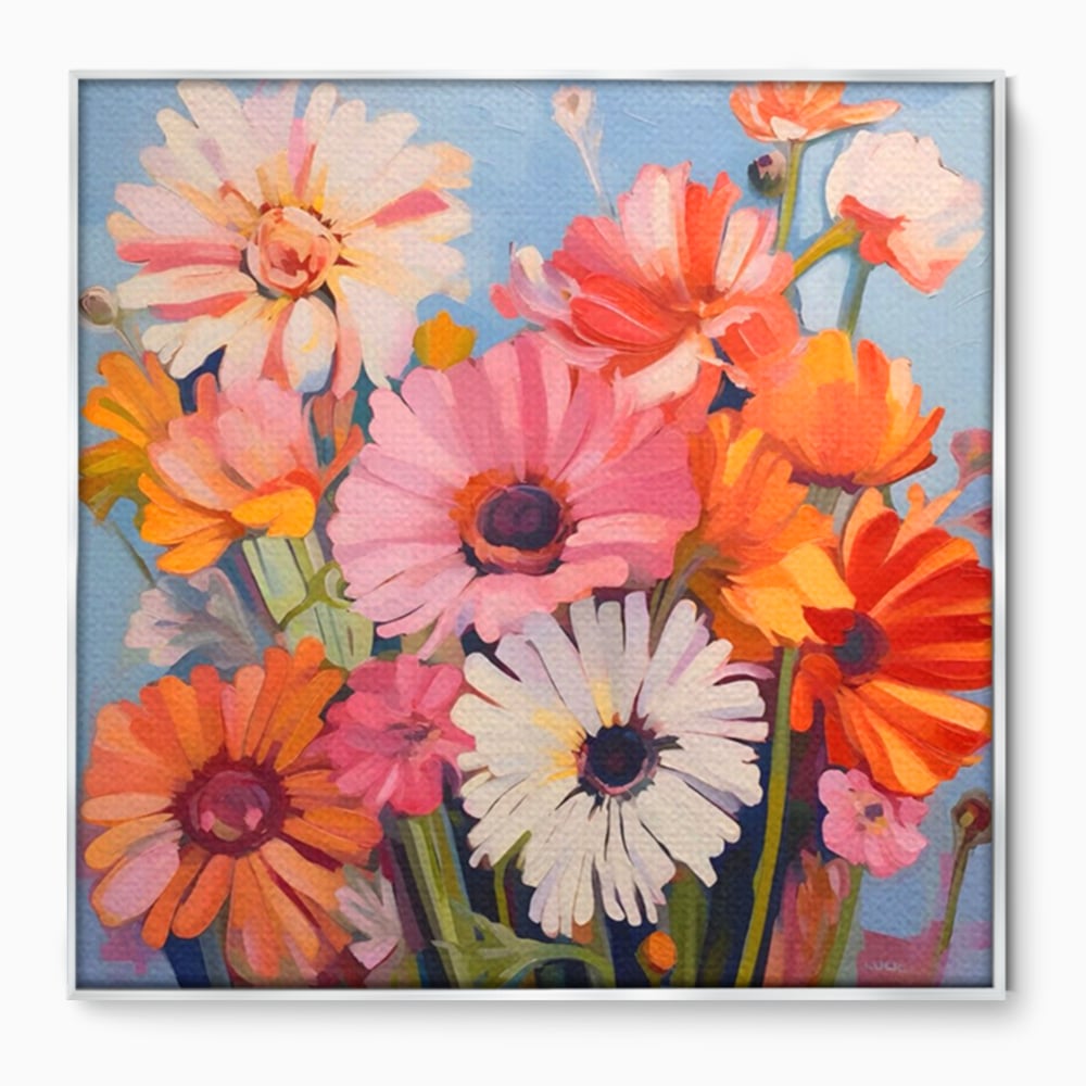 Tablou canvas cu pictura cu buchet de crizanteme colorate, in rama de aluminiu argintiu