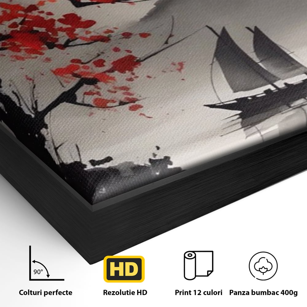 Detaliu al suprafetei: tablou canvas cu barca si copac rosu, in rama de aluminiu negru