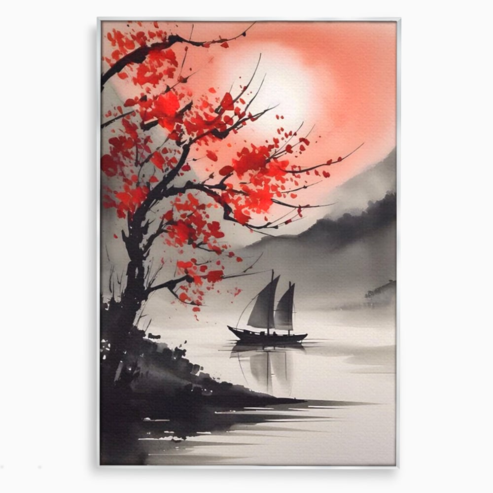 Tablou canvas cu tablou canvas cu barca si copac rosu, in rama de aluminiu argintiu