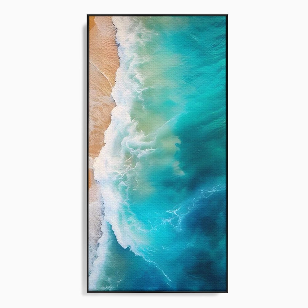 Tablou canvas cu fotografie aeriana cu valuri pe plaja, in rama de aluminiu negru