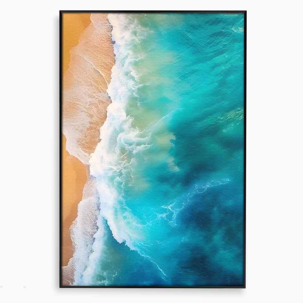 Tablou canvas cu fotografie aeriana cu valuri pe plaja, in rama de aluminiu negru