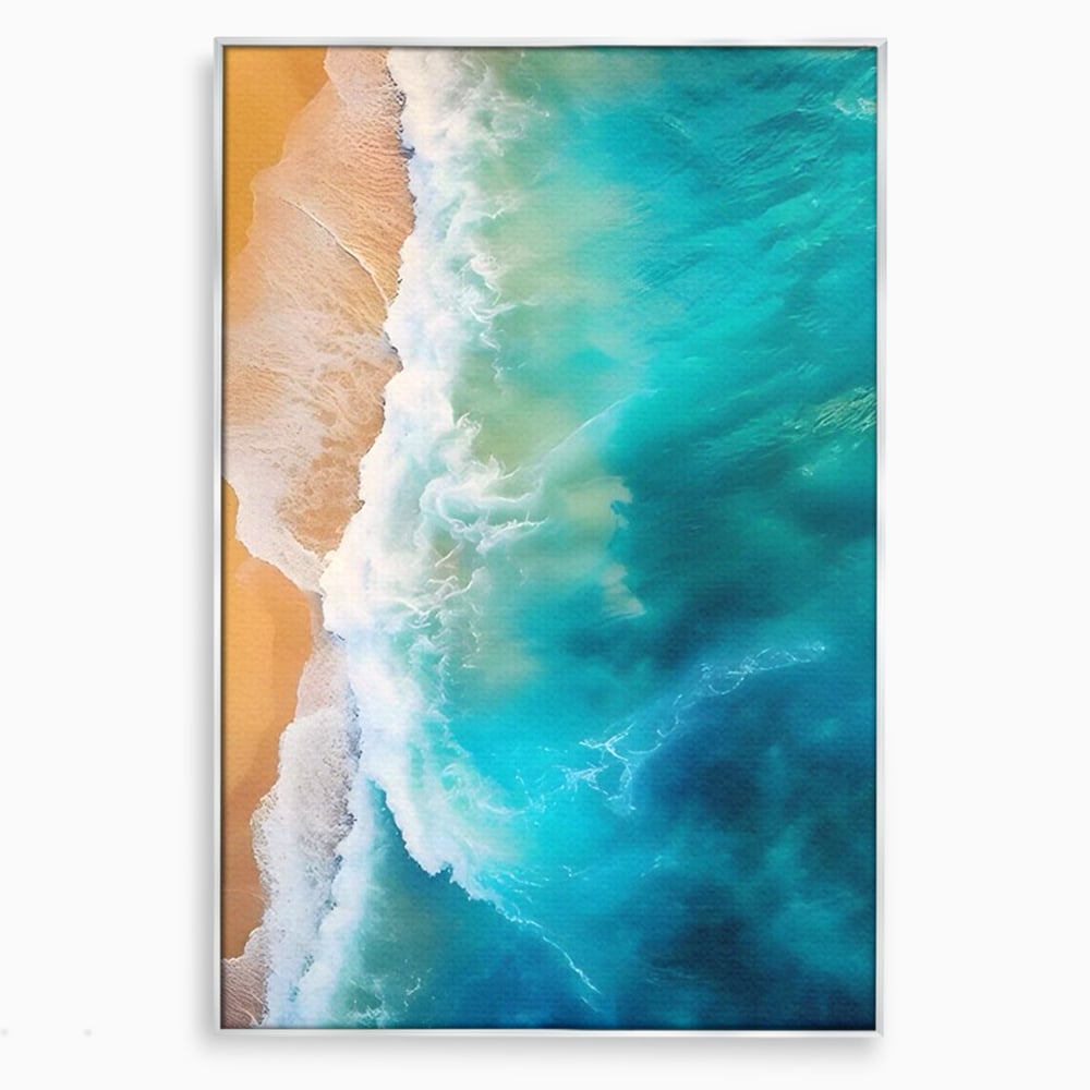 Tablou canvas cu fotografie aeriana cu valuri pe plaja, in rama de aluminiu argintiu