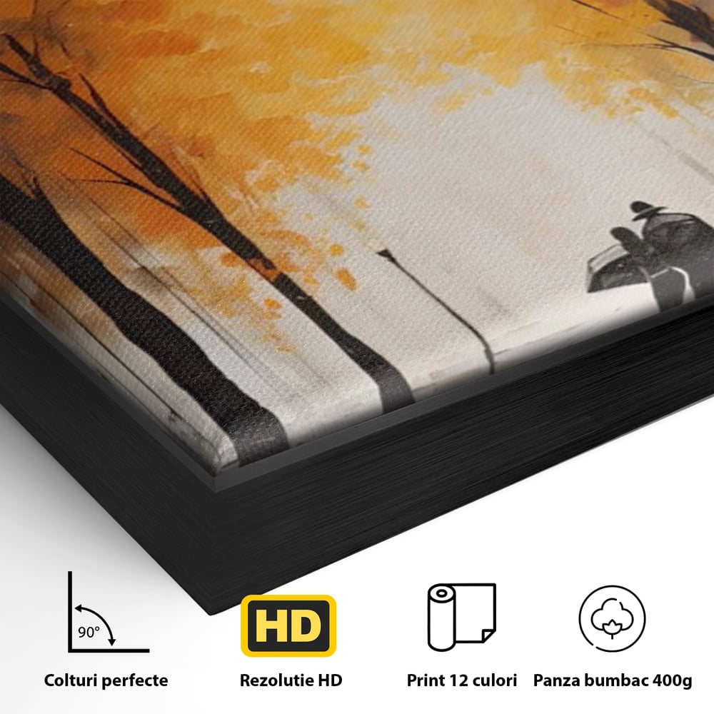 Detaliu al suprafetei: tablou canvas cuplu sub umbrela, in rama de aluminiu negru