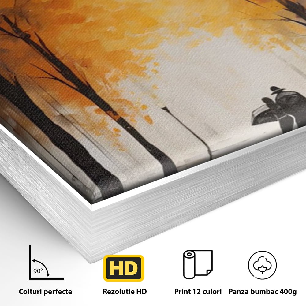 Detaliu al suprafetei: tablou canvas cuplu sub umbrela, in rama de aluminiu argintiu