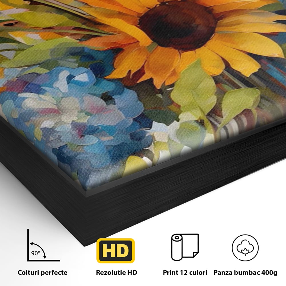 Detaliu al suprafetei: pictura cu floarea-soarelui si flori de camp, in rama de aluminiu negru