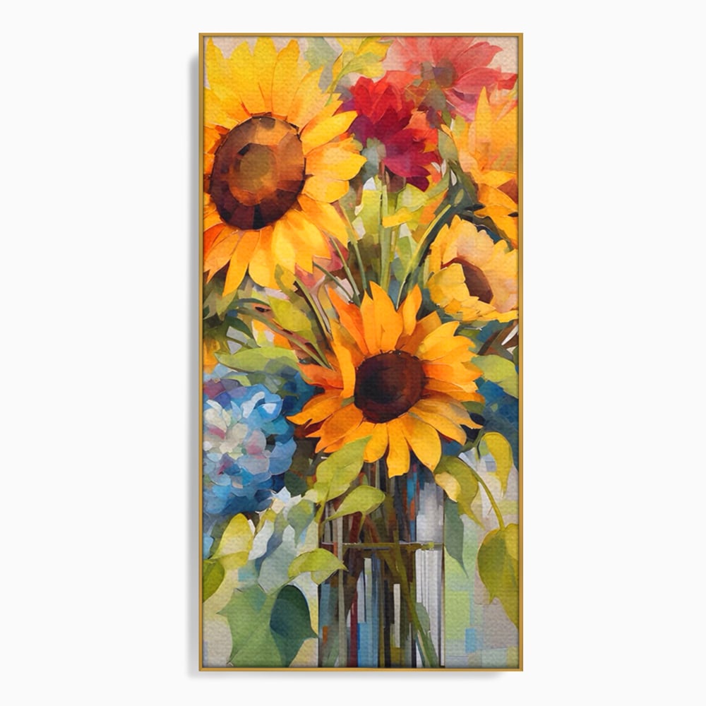 Tablou canvas cu pictura cu floarea-soarelui si flori de camp, in rama de aluminiu auriu