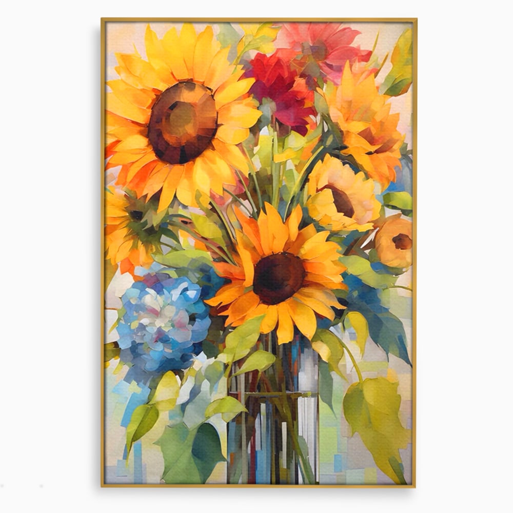 Tablou canvas cu pictura cu floarea-soarelui si flori de camp, in rama de aluminiu auriu