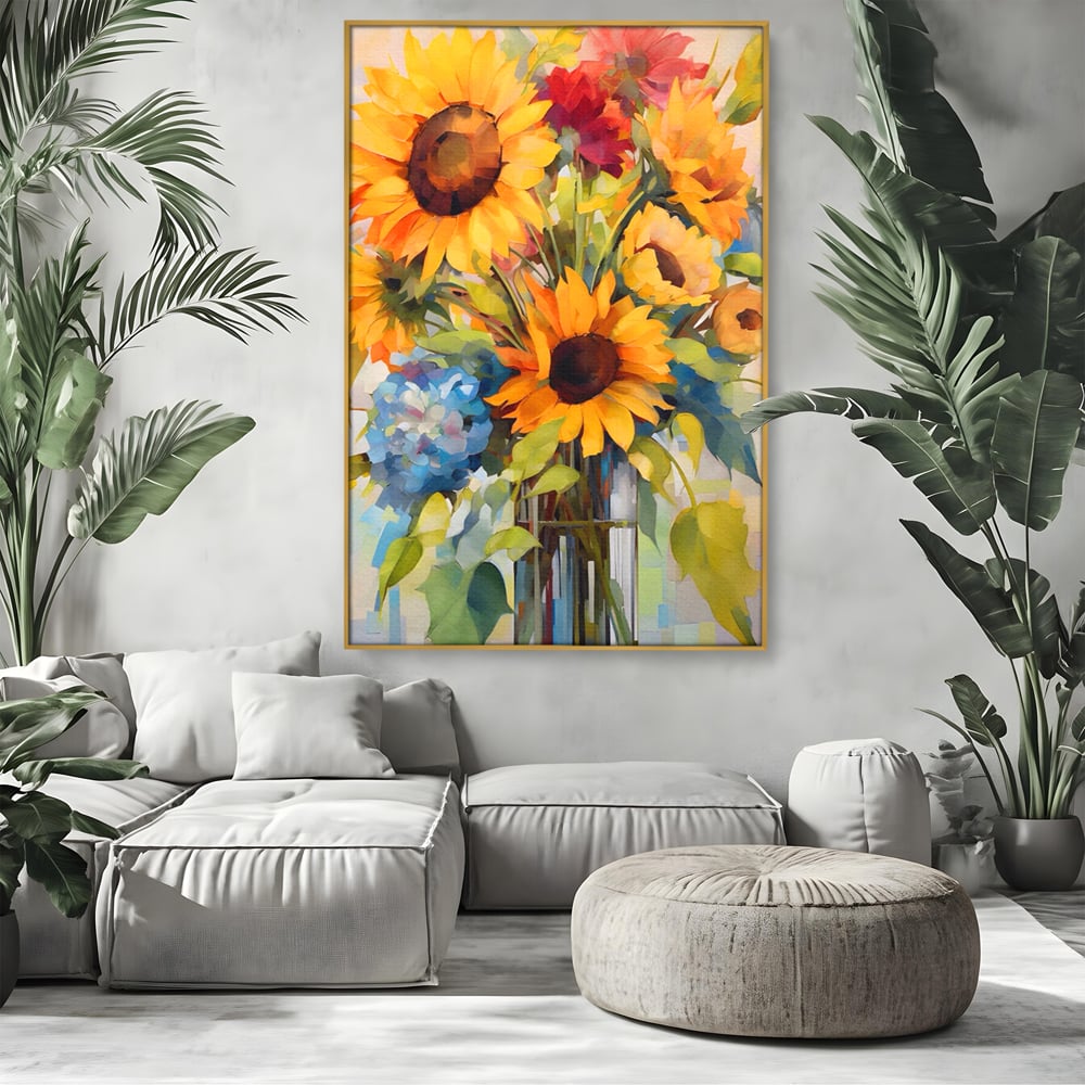 Tablou canvas cu pictura cu floarea-soarelui si flori de camp, in rama de aluminiu auriu, pe perete intr-un living