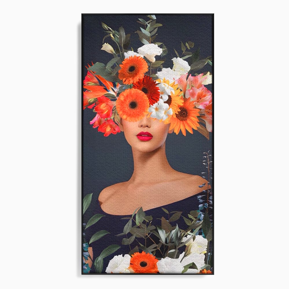 Tablou canvas cu tablou portret femeie cu flori, in rama de aluminiu negru