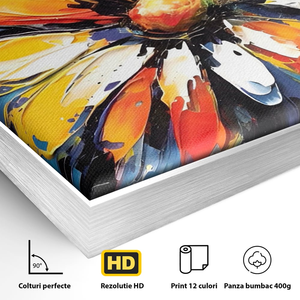 Detaliu al suprafetei: pictura abstracta cu floare colorata, in rama de aluminiu argintiu