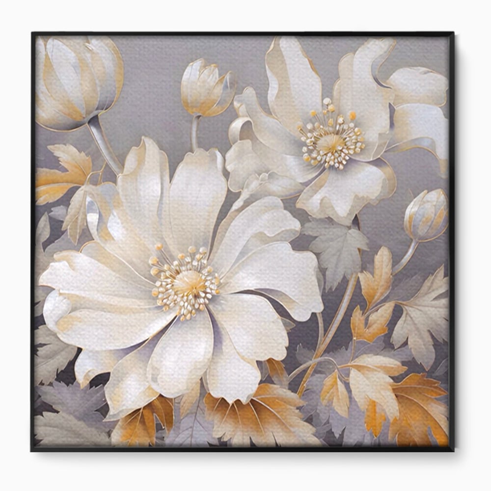 Tablou canvas cu tablou patrat cu flori albe, in rama de aluminiu negru