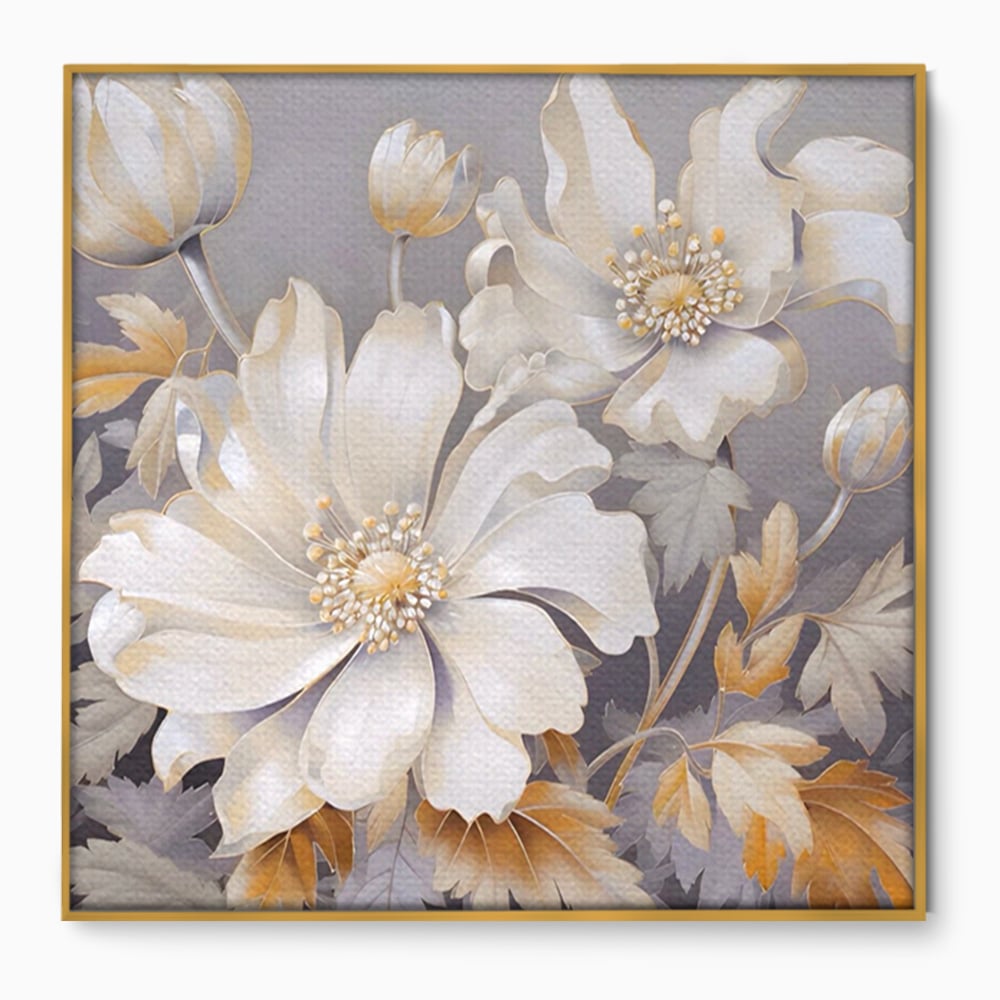 Tablou canvas cu tablou patrat cu flori albe, in rama de aluminiu auriu