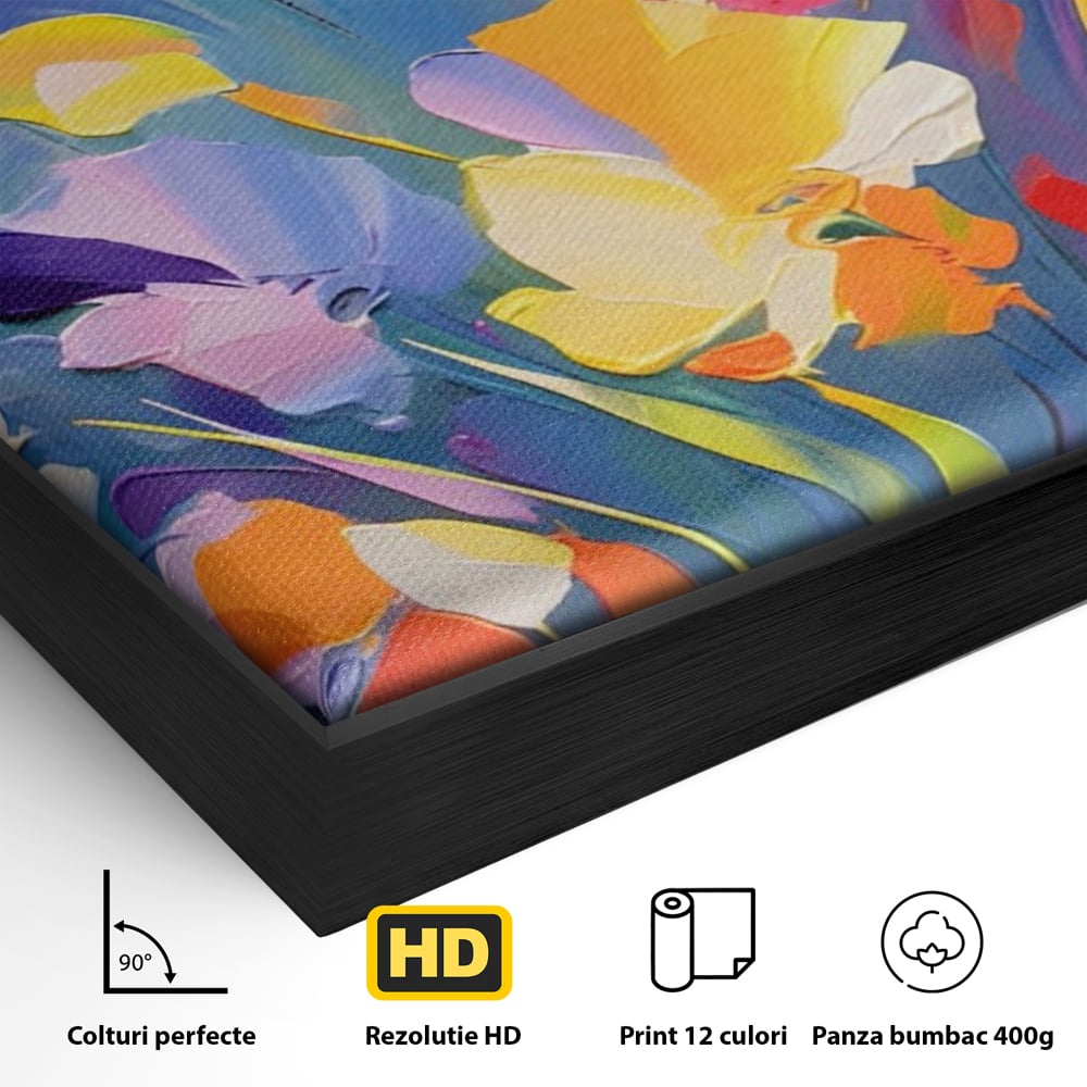 Detaliu al suprafetei: pictura verticala cu flori colorate, in rama de aluminiu negru