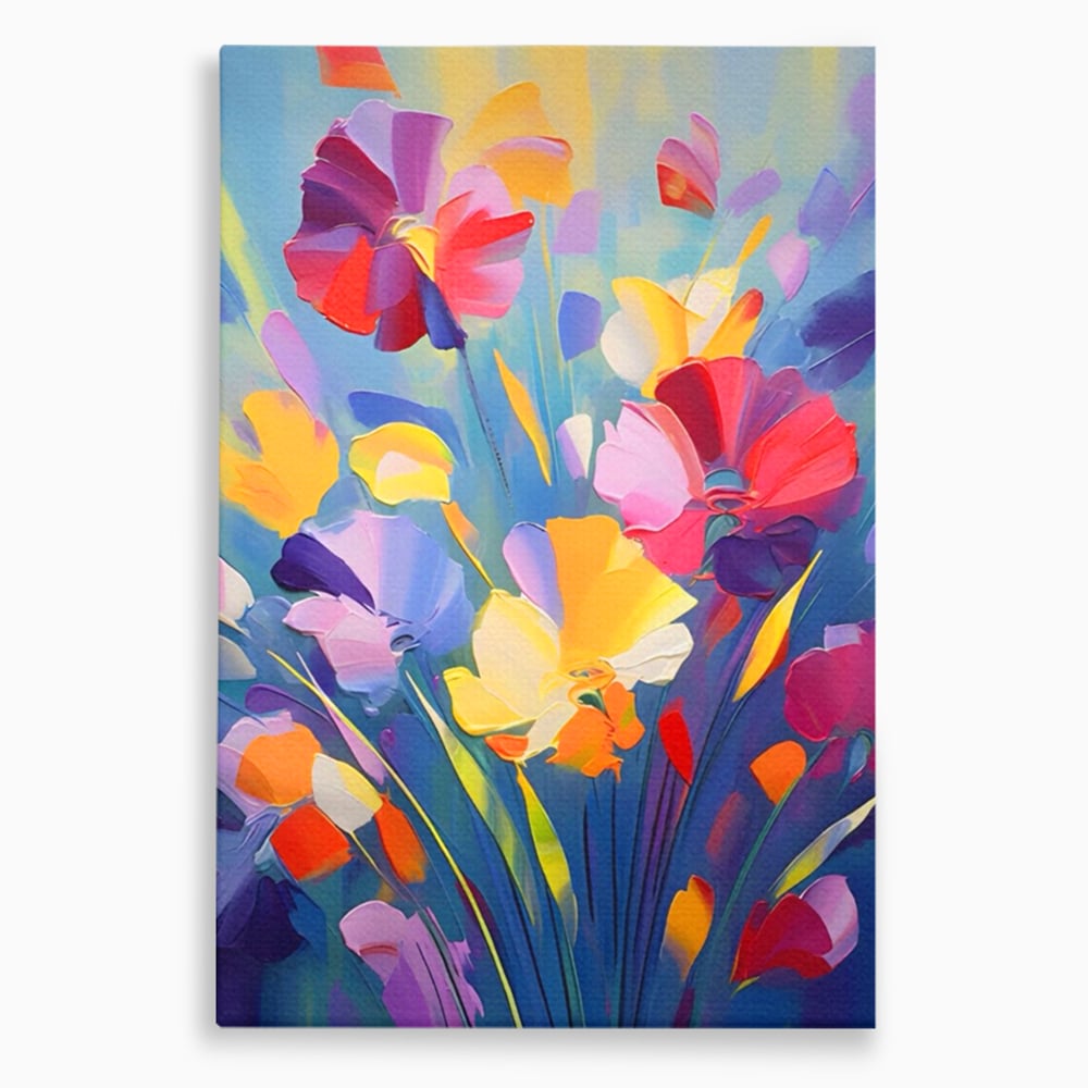 Tablou canvas cu pictura verticala cu flori colorate, fara rama, pe sasiu de lemn