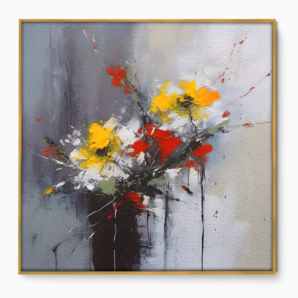 Tablou canvas cu tablou pictat abstract cu flori, in rama de aluminiu auriu