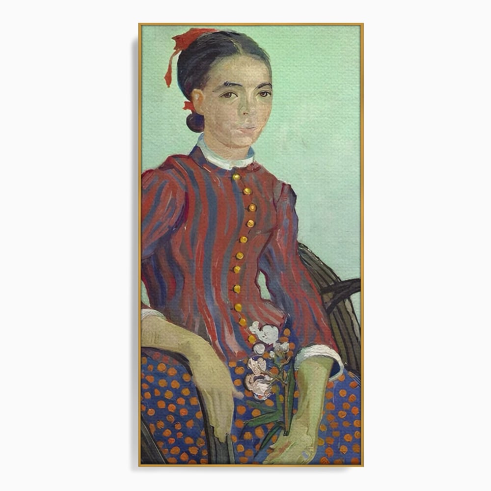 Tablou canvas cu reproducere pictura portret feminin, in rama de aluminiu auriu